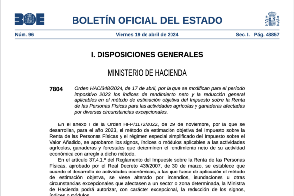 El Gobierno publica la orden de módulos con una rebaja general del 15 % en el IRPF 2023 para 800.000 agricultores y ganaderos