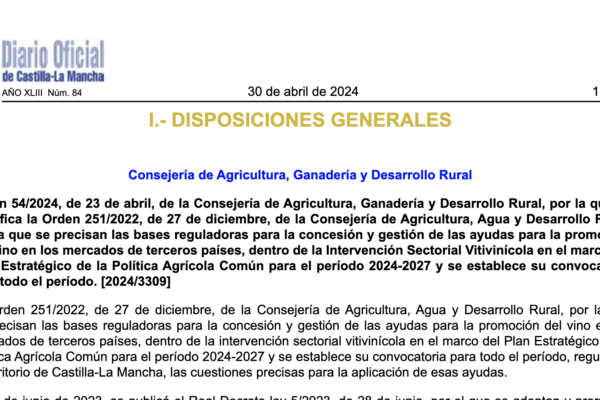 El Diario Oficial de Castilla-La Mancha publica la modificación de la orden relativa a la promoción del vino en terceros países