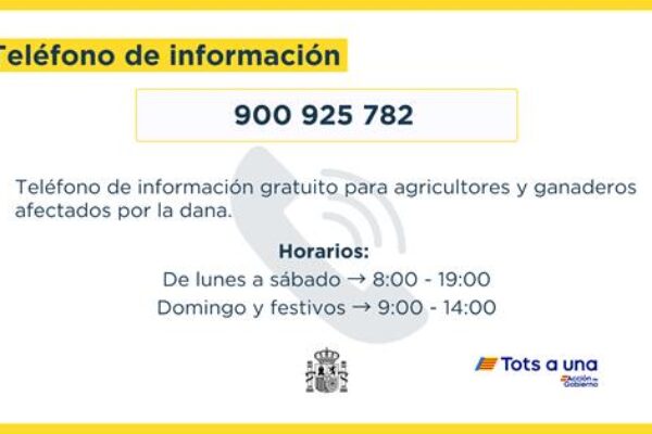 El MAPA habilita el teléfono 900 925 782 para facilitar información a los agricultores y ganaderos afectados por la dana