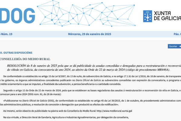 Galicia destina 3,1 M€ a las ayudas para la reestructuración y reconversión del viñedo