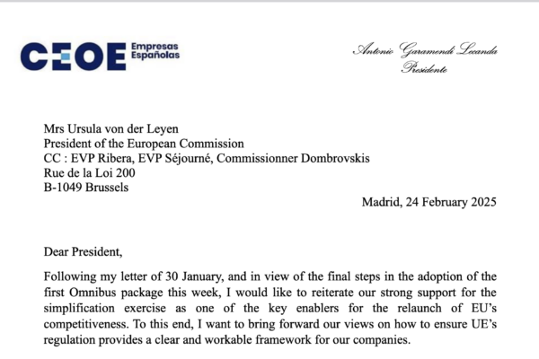 La CEOE remite una carta a la presidenta de la Comisión para reiterar el apoyo empresarial al ejercicio de simplificación normativa de la UE