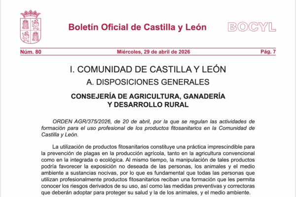 La Junta actualiza la normativa que regula la formación para el uso profesional de fitosanitarios en Castilla y León